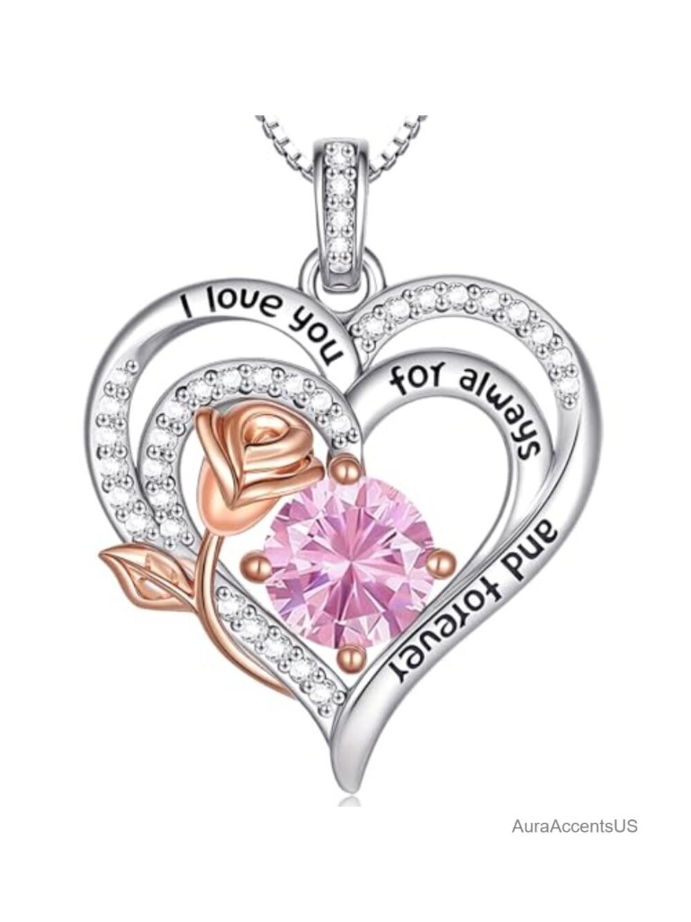 925 Sterling Silver Birthstone Heart Necklace Rose Double Heart Pendant 18in